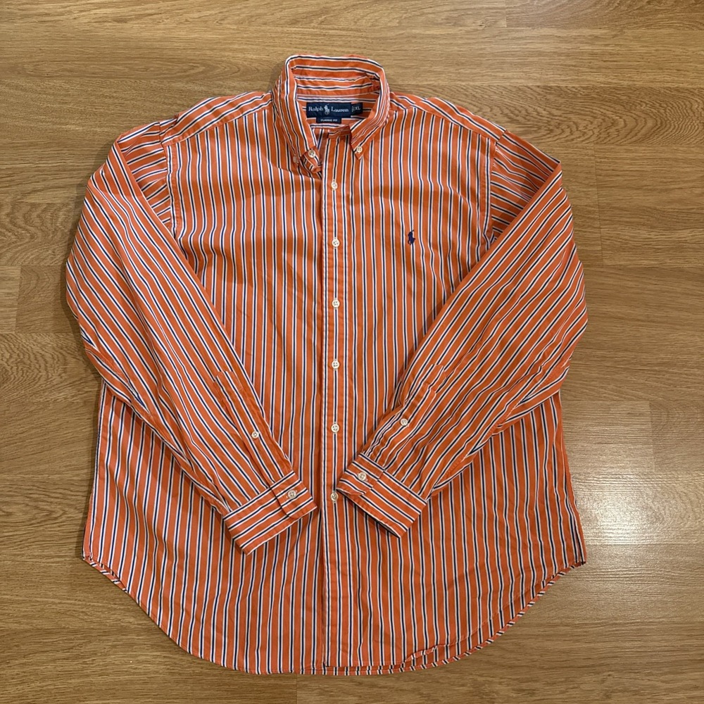 Polo Ralph Lauren Shirt Men's XL Classic Fit Orange / Blue Striped Preppy - Picture 2 of 7